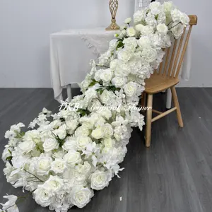 DKB 2024 Hot Sale Wedding Props White Floral Runners Flower Rows Artificial Flowers Table Runner For Wedding Decoration