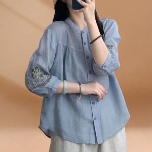 Chinese Style Embroidered Shirt Women Linen Three Quarter Sleeve Loose Fit Everyday Wear Green - Product Image 5