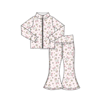 Vêtements de sport pour enfants à imprimés floraux personnalisés, pantalon évasé, veste zippée intégrale, vêtements de sport actifs, ensemble de tenue de yoga pour filles en 2 pièces