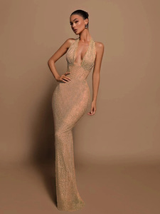 Popular European American Foreign Trade Romantic Natural Sexy Sequined Halter Lace-up 100% Polyester Bodycon Evening <b>Dress</b> - Product Image 5