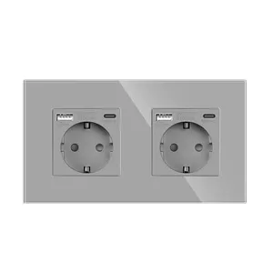 EU Double Power Socket 16A electrical Plug Grounded with USB Type-C Wall Outlet