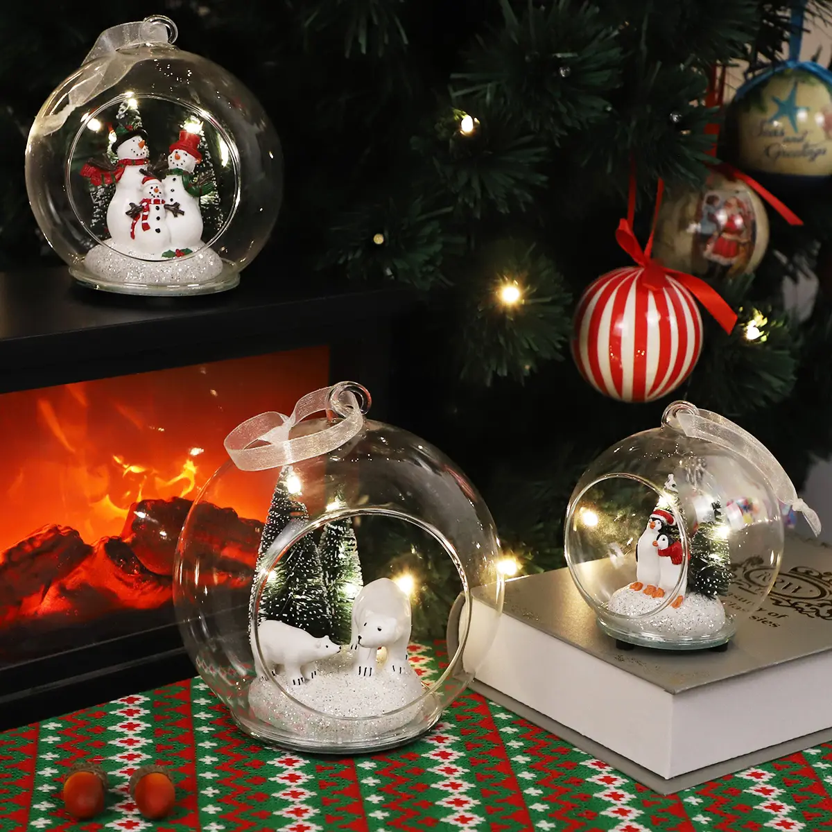 Personalizzato trasparente aperto davanti in vetro soffiato a mano albero di natale scena palla ornamenti appesi idee decorative palline artigianali di natale