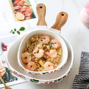 Bol en céramique pour dîner riz fruits légumes, salade, soupe petit déjeuner nouilles, Ramen gâteaux mélangeur service, couverts à manche en <span class=keywords><strong>bois</strong></span> - Product Image 3