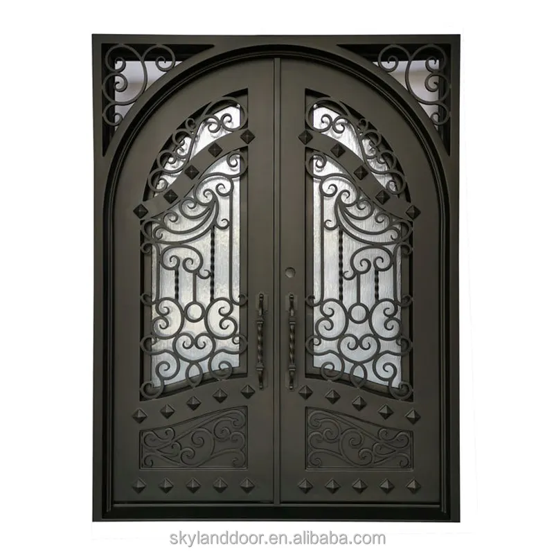 Double portes de sécurité extérieures au design moderne pour la maison Villa Porte d'entrée en verre design en fer