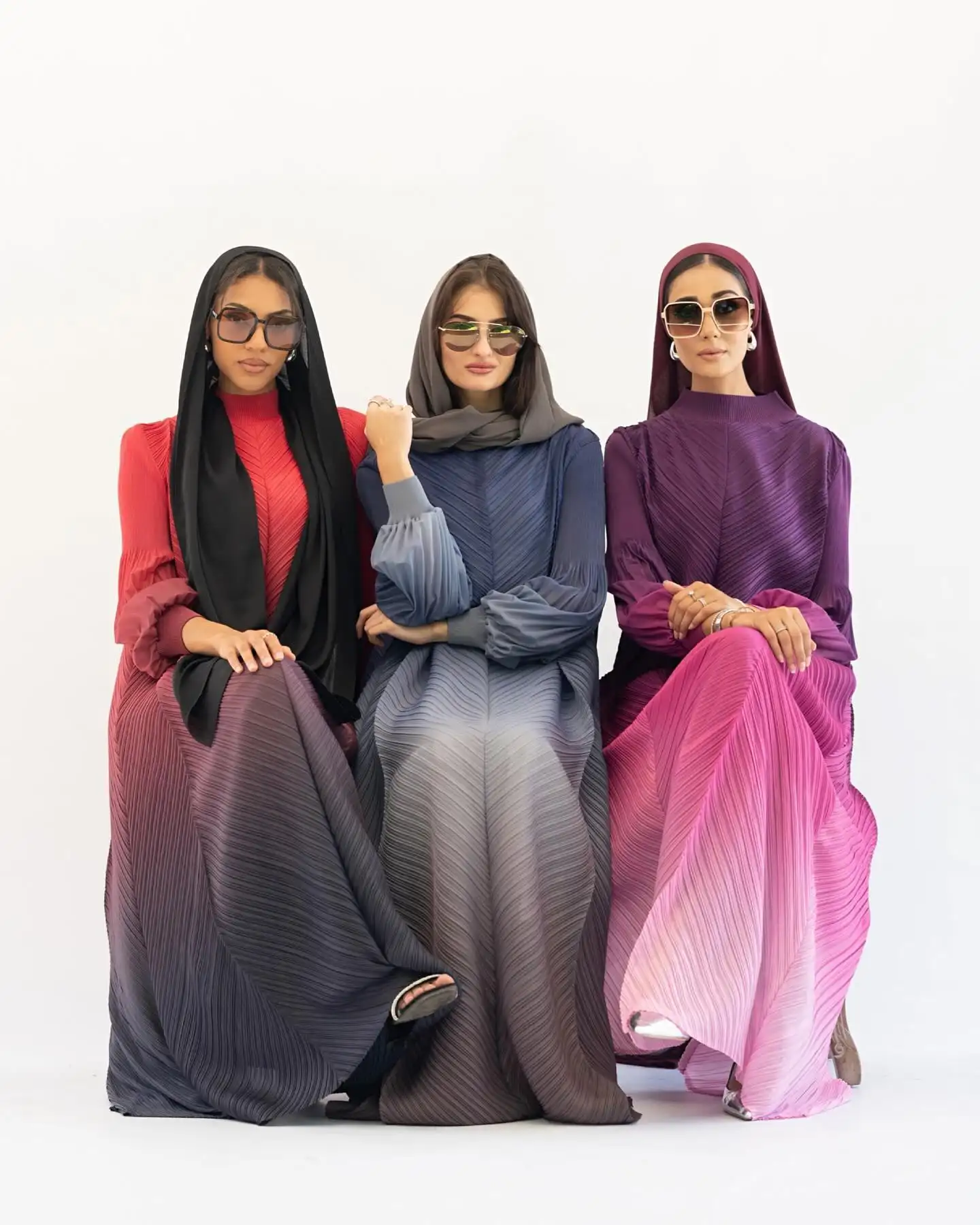 OEM Pleated Loose Plus Size Shawl Coat - Middle Eastern Women's Stylish Casual Gradient Color Belted Cardigan Long Coat