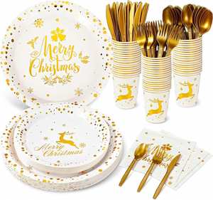 Juego de Vajilla para Fiesta de Navidad de 144 Piezas, Platos, Servilletas, Vasos, Cubiertos, Diseño de Copos de Nieve Dorados, para 24 Personas, Papel, Gran Venta - Product Image 3