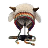 Bonnet d'hiver doux et moelleux en peluche pour femme, style corne, chaud, tricoté, avec protection des oreilles, mignon, à lacets, doublé polaire, coupe-vent