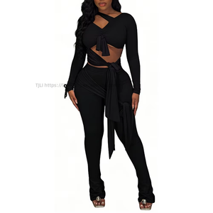 Women's 2 Piece <b>Set</b> Long Sleeve Cutout Crop Top & High Waist Flare Pants With <b>Tie</b> Detail Fashion - Product Image 4