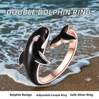 Bague double dauphin ajustable en argent sterling plaqué rhodium pour femme, style mignon, idéale pour cadeaux et soirées