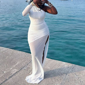 Nuevo Vestido Largo de Moda para Mujer con Manga Larga, Diseño de Gasa Empalmada, Cintura Baja y Color Sólido - Product Image 1