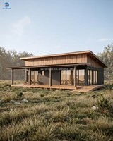 Maison préfabriquée en acier léger de style moderne, imperméable, avec terrasse en bois spacieuse, fenêtre panoramique du sol au plafond, luxe