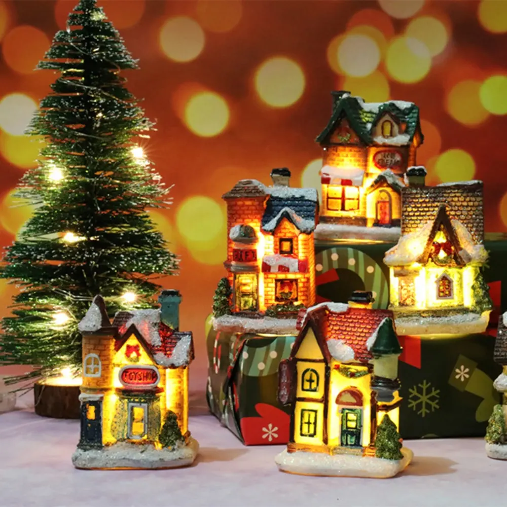 Christmas Light House Christmas Ornaments LED Resin Small Village House Xmas Decoration Gifts Happy New Year 2022 Party Decor