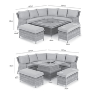 Meubles en rotin de luxe costume de salle à manger en plein air confortable coussin gris meubles de jardin canapé bande gaz foyer Table