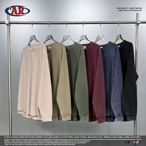 <span class=keywords><strong>Camisa</strong></span> <span class=keywords><strong>de</strong></span> Manga Larga con <span class=keywords><strong>Cuello</strong></span> Henry, Estilo Waffle, Teñido con Cera, Dobladillo Irregular Desgastado, 325g, ODM/OEM - Product Image 3