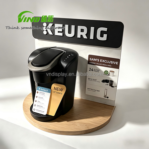 Expositor de mostrador ligero de madera y acrílico para cafeteras, soporte promocional minorista de una sola pieza con panel trasero - Product Image 1