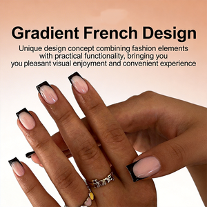 Offre Spéciale : Kit de <span class=keywords><strong>Faux</strong></span> Ongles Courts de Luxe à Presser, Forme Cercueil, French <span class=keywords><strong>Noir</strong></span> en Acrylique - Product Image 3