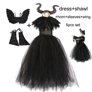 <span class=keywords><strong>Mal</strong></span>éfica malvada vestido negro tutú vestido con chal de plumas gótico Halloween vestido disfraz niños Royal Dark Queen vestidos - Product Image 2