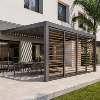 Pergola bioclimatique motorisée de luxe en aluminium à lames orientables, avec volets latéraux effet bois, résistante aux intempéries, pour jardin et patio de villa
