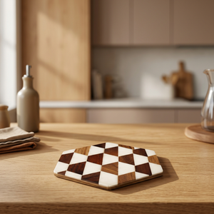 Sous-verre hexagonal en bois de manguier incrusté, fait main, style moderne et classique, 5 mm, motif géométrique, accessoire de table - Product Image 1
