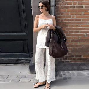 Conjunto de 2 Piezas de Encaje Blanco para Mujer, Top sin Mangas con Pantalones Largos, Elegante, Holgado, Transpirable, para Primavera/Verano - Product Image 4