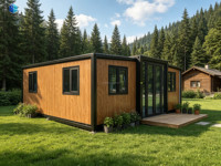 Rumah Kontainer Modern Ekspansiabel 20ft Mewah dengan Pintu Kaca Eksterior Motif Kayu untuk Rumah Kantor Hotel Vila Hunian di Halaman Belakang