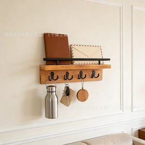 Solid Wood Wall <b>Shelf</b> With <b>Hooks</b> For Keys And Mail Storage Office Organizer Rectangle Wall Mounted Type - Product Image 3