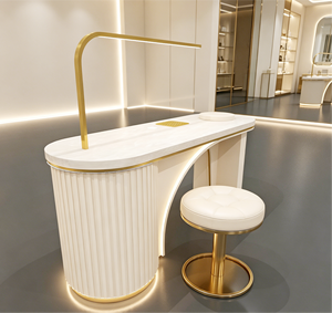 Modern Pink Nail Table <b>With</b> Gold <b>Lighted</b> Base <b>and</b> <b>Mirror</b> Arm Beauty Salon Manicure <b>Desk</b> - Product Image 6