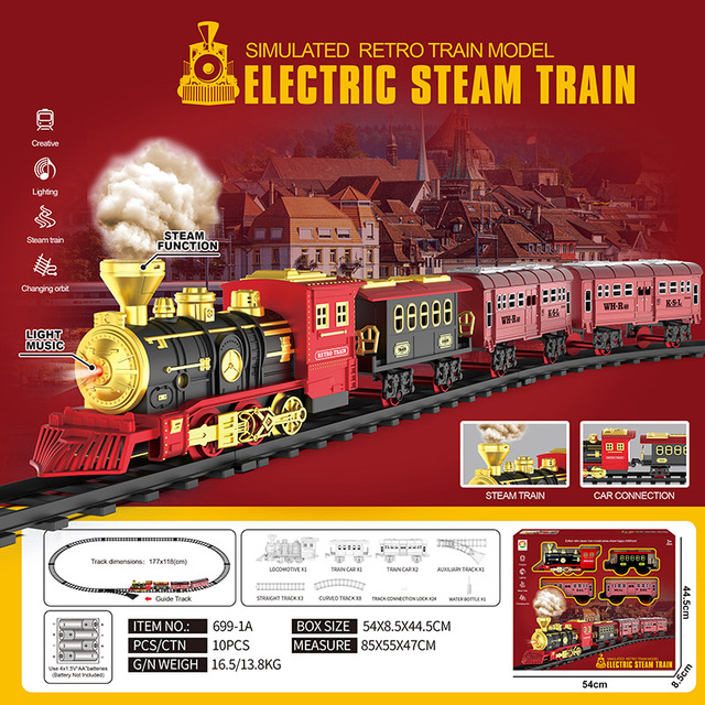 Vintage Steam Train Track Set - Smoke Stack Mist Function, Dual Power & 3/4/5-Carriage Combo