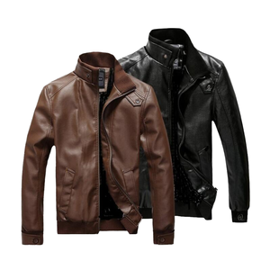 RNSHANGER, chaqueta de cuero de motocicleta informal para hombre, ajustada, corta, con soporte frontal, a prueba de viento, cremallera, solapa, PU, ropa de estilo fino de otoño - Product Image 4