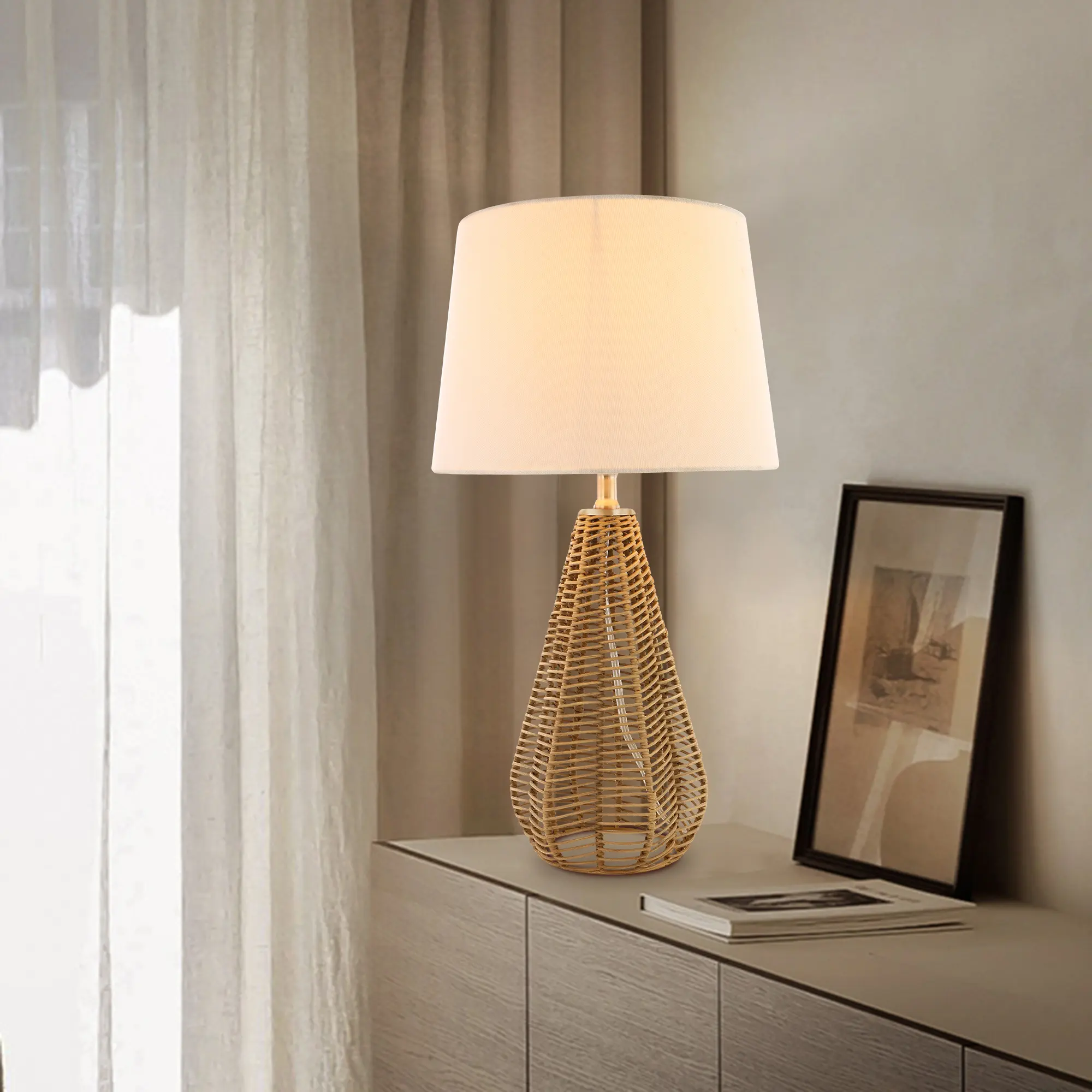 Simple rustic decoration table lamp with rattan lamp base and white drum lamp shade for living room and bedroom