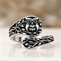 Bague ouverte réglable vintage en forme de hibou sur branche pour femme, 16 mm, laiton plaqué argent antique, style gothique, argent antique