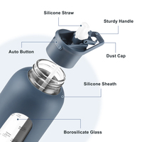 Botol air kaca borosilikat 1000ml dengan sarung silikon, botol air kaca bebas BPA dengan pegangan dan sedotan