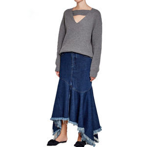 Custom <strong>Women</strong> Blue Irregular Tassel Big Swing <strong>Long</strong> Maxi <strong>Denim</strong> <strong>Skirt</strong> - Product Image 1