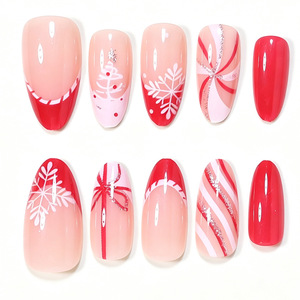 30 faux ongles en amande pour Noël, motifs flocon de neige, sapin de Noël, rayures rouges scintillantes, style français, réutilisables, pour fêtes - Product Image 3