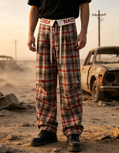Celana Paratrooper Pria Poliester Gaya Wasteland Bermotif Kotak-kotak Distressed Desain Lipit Longgar Kasual <span class=keywords><strong>Streetwear</strong></span> - Product Image 1