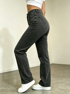 Jeans da Donna a Vita Alta, Gamba Dritta, Traspiranti, in Denim Stonewashed, Tinta Unita, Casual, Lunghezza Intera, Vestibilità Regolare, Semplici - Product Image 3