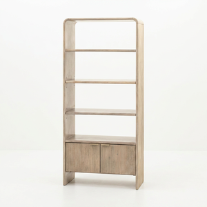 Camden Rounded Frame <b>Bookshelf</b> Tall <b>Open</b> Wood Shelving Unit with Fluted Cabinet Doors Metal Handles Modern Home Storage - Product Image 2