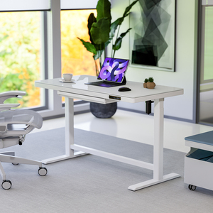 Bureau informatique électrique réglable en hauteur avec plateau en verre trempé et tiroirs - Product Image 1