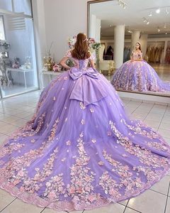 Con spalle scoperte rosa <span class=keywords><strong>lilla</strong></span> per feste di compleanno per ragazze Junior Vestidos De Age 15 Anos Sweet abiti 16 Quinceanera con fiocco QM656 - Product Image 3