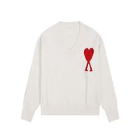 Pull en maille de qualité pour femme, col en V, motif jacquard en forme de cœur, logo personnalisé sur le devant, style streetwear d'hiver, décontracté, manches longues