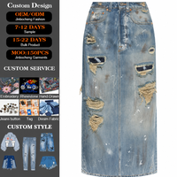 Jupe en jean midi droite personnalisée pour femmes taille haute lavage lourd détruit des taches blanches rue mignonne pour les filles chaudes d'automne