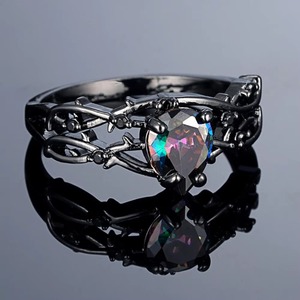 Anillos de circonita mística con corte de gota de agua ZhuQian al por mayor, tono negro, para mujer, joyería gótica vintage con diseño de espina y enredadera para fiesta - Product Image 1