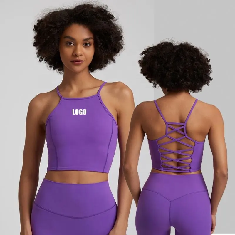 Tiktok Bra olahraga Yoga wanita, Bra belakang seksi tahan guncangan, pakaian kebugaran Gym, atasan Bra Logo kustom untuk wanita