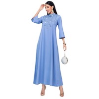 BA5135 bleu a-ligne jupe demi-haut col cousu à la main strass élégant longue robe pour les fêtes d'été du moyen-orient grande taille