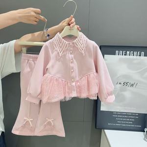 Set Due Pezzi per Bambine con Colletto in Pizzo e <span class=keywords><strong>Paillettes</strong></span>, Top a Maniche Lunghe e <span class=keywords><strong>Pantaloni</strong></span> a Gamba Larga per l'Autunno - Product Image 2