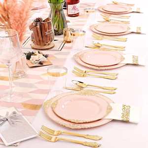 Juego de Platos Desechables de Plástico Rosa Irrompible, 175 Piezas, Muestra Gratis, Diseño de Plantas para Bodas y Fiestas - Product Image 2