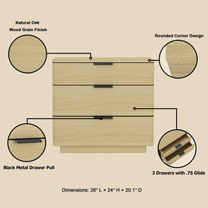 Comodino in legno di quercia naturale con tre cassetti, mobile moderno per camera da letto - Product Image 4