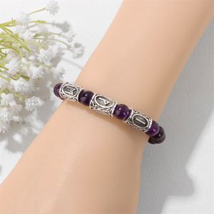 Viking Rune Stone Beads - Retro Tiger Eye, <b>Amethyst</b> & Turquoise Stretch Beads <b>Bracelet</b> for Unisex - Product Image 5
