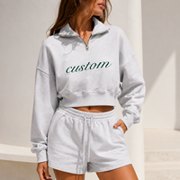 Conjunto de Sudadera Corta con Media Cremallera y Pantalones Cortos de Algodón para Mujer, Tallas Grandes, Estilo Vintage Lavado, con Logotipo Personalizado, Ropa Deportiva Casual