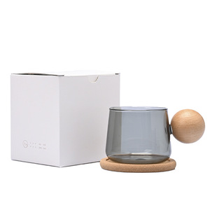 Ensemble de tasses et soucoupes à café créatives de style nordique, tasse en verre à poignée en bois - Product Image 3